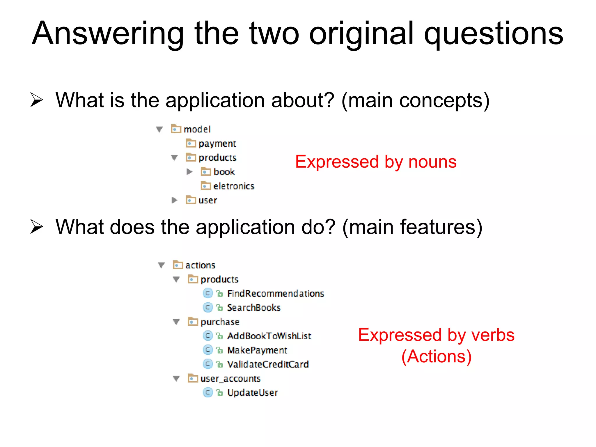 Answering the two original questions
 What is the application about? (main concepts)
 What does the application do? (main features)
Expressed by nouns
Expressed by verbs
(Actions)
 