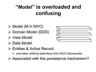“Model” is overloaded and 
confusing 
 Model (M in MVC) 
 Domain Model (DDD) 
 View Model 
 Data Model 
 Entities & Active Record 
 and other artificial definitions from MVC frameworks 
 Associated with the persistence mechanism? 
 