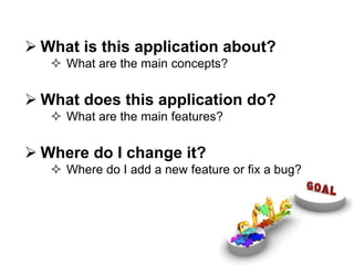  What is this application about? 
 What are the main concepts? 
 What does this application do? 
 What are the main features? 
 Where do I change it? 
 Where do I add a new feature or fix a bug? 
 