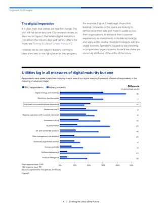 Cognizant 20-20 Insights
Utilities lag in all measures of digital maturity but one
The digital imperative
It is clear, then, that utilities are ripe for change. The
shift will not be an easy one. Our research shows, as
depicted in Figure 1, that where digital maturity is
concerned, the industry lags well behind others (for
more, see “Energy & Utilities Under Pressure”).
However, we do see industry leaders starting to
place their bets in the right places as they progress.
For example, Figure 2, next page, shows that
leading companies in the space are looking to
democratize their data and make it usable across
their organizations, to enhance their customer
experiences via investments in mobile technology
and apps and to deploy cloud technology to address
siloed business operations caused by data residing
in on-premises legacy systems. As we’ll see, these are
some key attributes of the utility of the future.
Respondents were asked to rate their maturity in each area of our digital maturity framework. (Pecent of respondents in the
maturing or advanced stage)
E&U respondents All respondents Difference
(in percentage points)
-16
Digital strategy and roadmap
-7
Workforce transformation
-8
Modernize core IT
-6
Aligning operations with customer demands
-15
Innovation culture
-23
Automomation
-16
IoT and connected products
-25
Data management and analytics
-4
Enhanced augmented workers
-8
Human-centricity
-23
Software deployment
-14
Artificial intelligence
+4
Improved consumer/employee experience
Figure 1
50%
40%
30%
20%
10%
0%
Total response base: 2,491
E&U response base: 191
Source: Cognizant/ESI ThoughtLab, 2019 study
4 / Crafting the Utility of the Future
 
