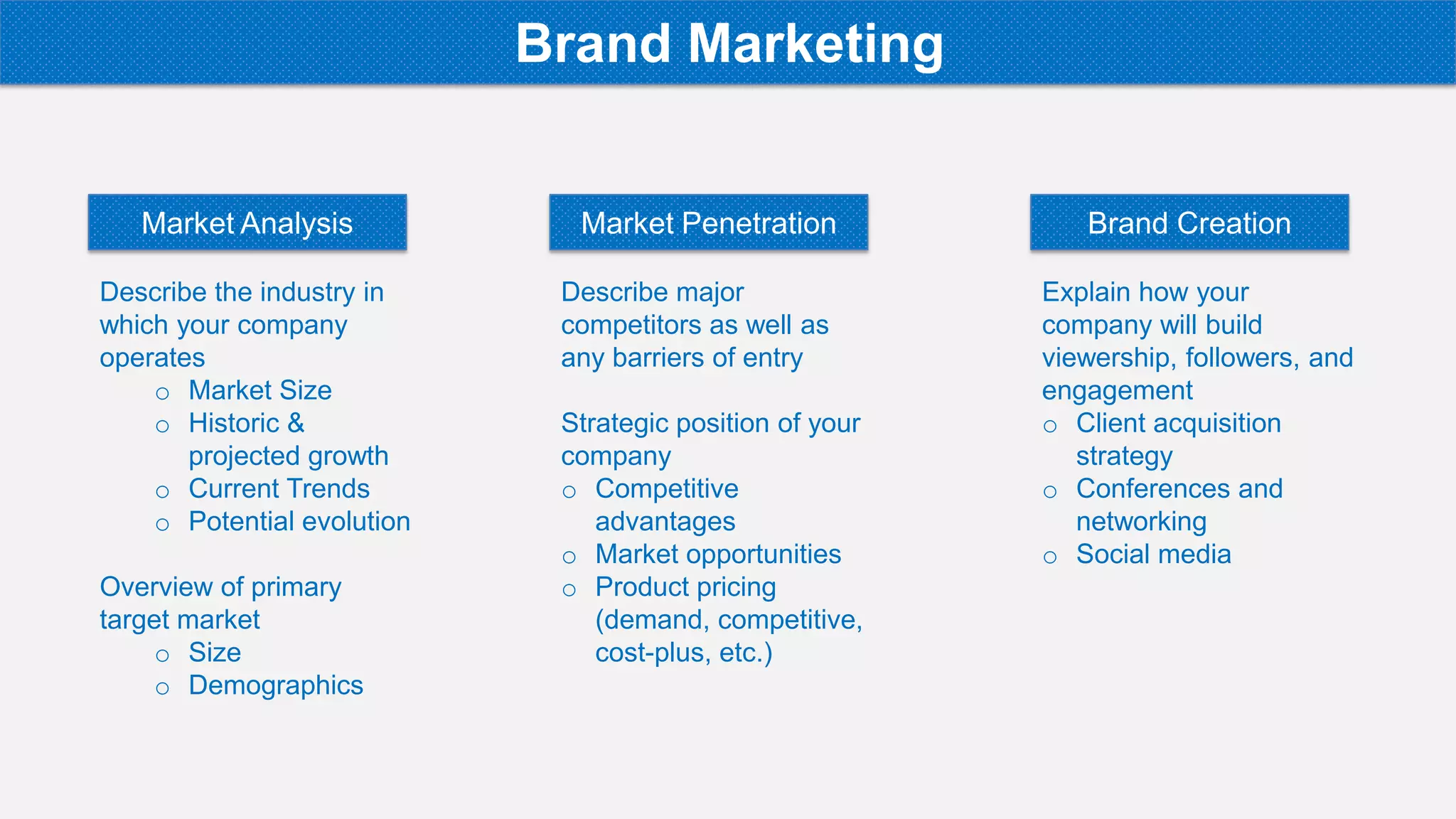 Describe the industry in
which your company
operates
o Market Size
o Historic &
projected growth
o Current Trends
o Potential evolution
Overview of primary
target market
o Size
o Demographics
Market Analysis Market Penetration
Describe major
competitors as well as
any barriers of entry
Strategic position of your
company
o Competitive
advantages
o Market opportunities
o Product pricing
(demand, competitive,
cost-plus, etc.)
Brand Creation
Explain how your
company will build
viewership, followers, and
engagement
o Client acquisition
strategy
o Conferences and
networking
o Social media
Brand Marketing
 