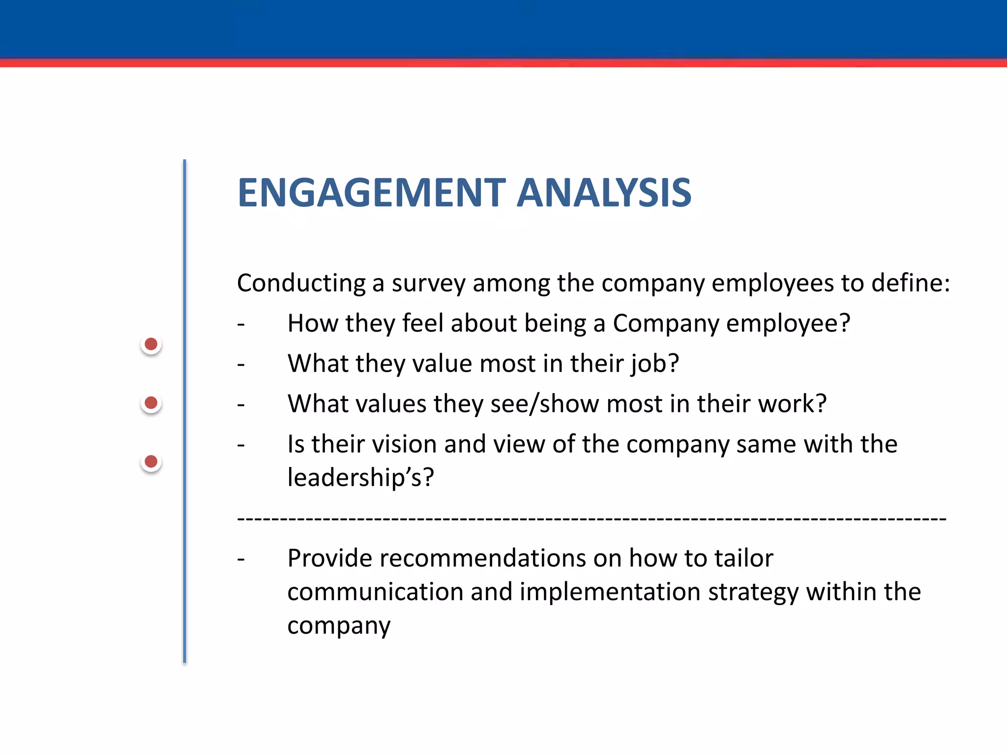 ENGAGEMENT ANALYSISConducting a survey among the company employees to define:How they feel about being a Company employee?