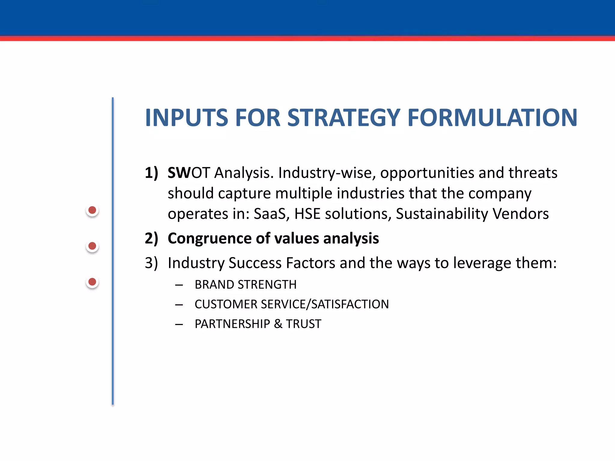INPUTS FOR STRATEGY FORMULATIONSWOT Analysis. Industry-wise, opportunities and threats should capture multiple industries that the company operates in: SaaS, HSE solutions, Sustainability VendorsCongruence of values analysisIndustry Success Factors and the ways to leverage them:BRAND STRENGTHCUSTOMER SERVICE/SATISFACTIONPARTNERSHIP & TRUST