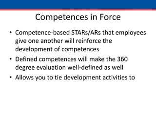 Competences in ForceCompetence-based STARs/ARs that employees give one another will reinforce the development of competencesDefined competences will make the 360 degree evaluation well-defined as well Allows you to tie development activities to
