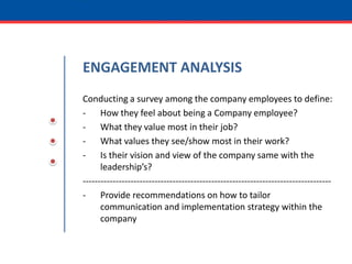 ENGAGEMENT ANALYSISConducting a survey among the company employees to define:How they feel about being a Company employee?