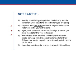 NOT EXACTLY…Identify, considering competition, the industry and the customers what you stand for and where you are goingTogether with the Team create the longer-run MISSION statement to tie your activities toAgain, with the Team, create key strategic priorities (no more than 5) for the year to focus onImmediately after, have the Direct Reports (Division heads) come up with the objectives/projects for their Division that would go under each strategic priority and a KPI for eachHave them continue the process down to individual level