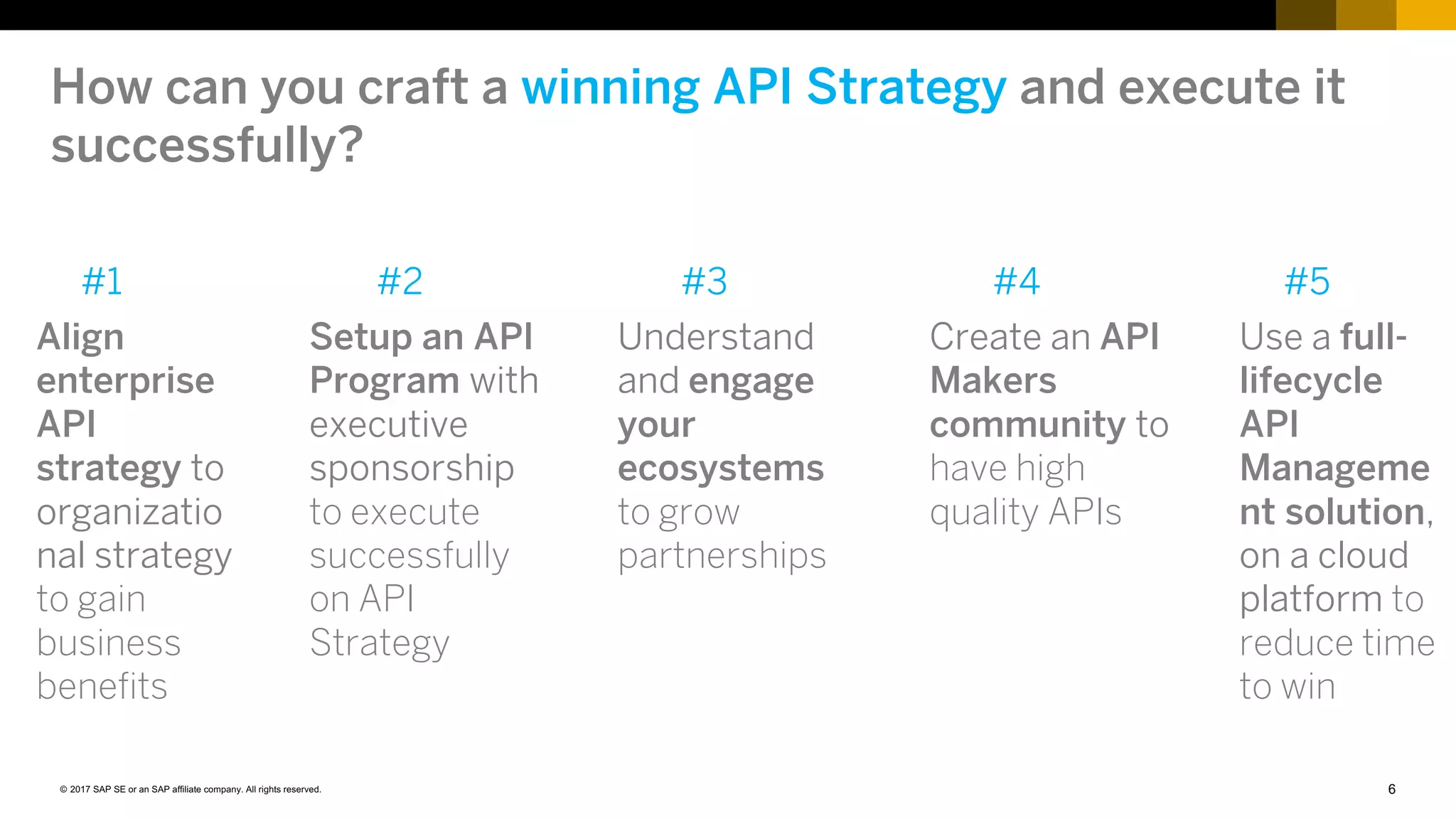6© 2017 SAP SE or an SAP affiliate company. All rights reserved.
How can you craft a winning API Strategy and execute it
successfully?
Align
enterprise
API
strategy to
organizatio
nal strategy
to gain
business
benefits
#1
Setup an API
Program with
executive
sponsorship
to execute
successfully
on API
Strategy
#2
Understand
and engage
your
ecosystems
to grow
partnerships
#3
Create an API
Makers
community to
have high
quality APIs
#4
Use a full-
lifecycle
API
Manageme
nt solution,
on a cloud
platform to
reduce time
to win
#5
 