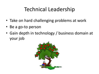 Technical Leadership
• Take on hard challenging problems at work
• Be a go-to person
• Gain depth in technology / business domain at
your job
 