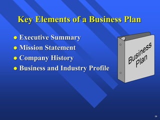 Key Elements of a Business Plan
Executive Summary
Mission Statement
Company History
Business and Industry Profile




                                  10
 