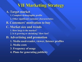 VII Marketing Strategy
A. Target market
  1. Complete demographic profile
  2. Other significant customer characteristics
B. Customers' motivation to buy
C. Market size and trends
  1. How large is the market?
  2. Is it growing or shrinking? How fast?
D. Advertising and promotion
  1. Media used-reader, viewer, listener profiles
  2. Media costs
  3. Frequency of usage
  4. Plans for generating publicity

                                                    23
 
