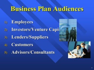 Business Plan Audiences
1)   Employees
2)   Investors/Venture Capitalists
3)   Lenders/Suppliers
4)   Customers
5)   Advisors/Consultants


                                     5
 