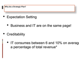 • Expectation Setting
• Business and IT are on the same page!
• Creditability
• IT consumes between 6 and 10% on average
a percentage of total revenue*
Why do a Strategic Plan?
 