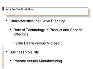 • Characteristics that Drive Planning
• Role of Technology in Product and Service
Offerings
• john Deere versus Microsoft
• Business Volatility
• Pharma versus Manufacturing
Not a One Size Fits all Model
 