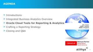 20+ Years
1000+ Clients
2000+ Projects
AGENDA
> Introductions
> Integrated Business Analytics Overview
> Oracle Cloud Tools for Reporting & Analytics
> Crafting a Reporting Strategy
> Closing and Q&A
14
 