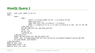 HiveQLQuery 1 
26.06.2014 Crafting Benchmarks for Big Data - Tilmann Rabl 23 
SELECTpid1, pid2, COUNT (*) AS cnt 
FROM ( 
FROM ( 
FROM ( 
SELECT s.ss_ticket_numberAS oid, s.ss_item_skAS pid 
FROM store_saless 
INNER JOIN item iON s.ss_item_sk= i.i_item_sk 
WHERE i.i_category_idin (1 ,2 ,3) and s.ss_store_skin (10 , 20, 33, 40, 50) 
) q01_temp_join 
MAP q01_temp_join.oid, q01_temp_join.pid 
USING 'cat' 
AS oid, pid 
CLUSTER BY oid 
) q01_map_output 
REDUCE q01_map_output.oid, q01_map_output.pid 
USING 'java -cpbigbenchqueriesmr.jar:hive-contrib.jarde.bankmark.bigbench.queries.q01.Red' 
AS (pid1 BIGINT, pid2 BIGINT) 
) q01_temp_basket 
GROUP BY pid1, pid2 
HAVING COUNT (pid1) > 49 
ORDER BY pid1, cnt, pid2;  