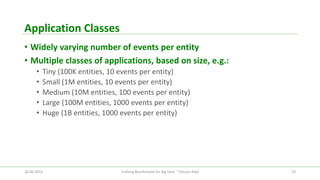 Application Classes 
•Widely varying number of events per entity 
•Multiple classes of applications, based on size, e.g.: 
•Tiny (100K entities, 10 events per entity) 
•Small (1M entities, 10 events per entity) 
•Medium (10M entities, 100 events per entity) 
•Large (100M entities, 1000 events per entity) 
•Huge (1B entities, 1000 events per entity) 
26.06.2014 Crafting Benchmarks for Big Data - Tilmann Rabl 33 
 