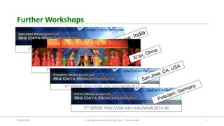 Further Workshops 
26.06.2014 Crafting Benchmarks for Big Data - Tilmann Rabl 5 
2ndWBDB: http://clds.sdsc.edu/wbdb2012.in 
3rdWBDB: http://clds.sdsc.edu/wbdb2013.cn 
4thWBDB: http://clds.sdsc.edu/wbdb2013.us 
5thWBDB: http://clds.sdsc.edu/wbdb2014.de  