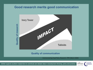 Good research merits good communication
Qualityofresearch
Quality of communication
Communicating Food Policy Research, IFPRI (March 2005)
 
