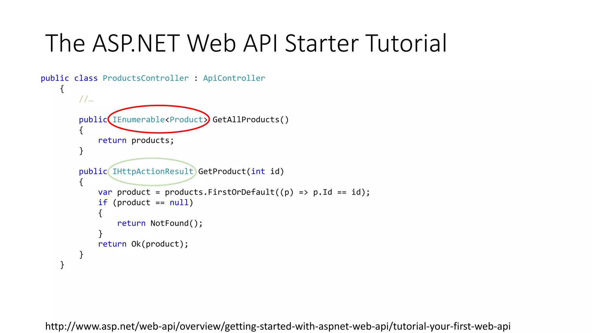 The ASP.NET Web API Starter Tutorial 
public class ProductsController : ApiController 
{ 
//… 
public IEnumerable<Product> GetAllProducts() 
{ 
return products; 
} 
public IHttpActionResult GetProduct(int id) 
{ 
var product = products.FirstOrDefault((p) => p.Id == id); 
if (product == null) 
{ 
return NotFound(); 
} 
return Ok(product); 
} 
} 
http://www.asp.net/web-api/overview/getting-started-with-aspnet-web-api/tutorial-your-first-web-api 
 