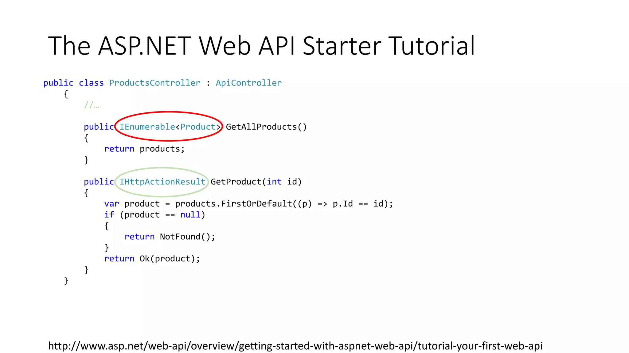 The ASP.NET Web API Starter Tutorial
public class ProductsController : ApiController
{
//…
public IEnumerable<Product> GetAllProducts()
{
return products;
}
public IHttpActionResult GetProduct(int id)
{
var product = products.FirstOrDefault((p) => p.Id == id);
if (product == null)
{
return NotFound();
}
return Ok(product);
}
}
http://www.asp.net/web-api/overview/getting-started-with-aspnet-web-api/tutorial-your-first-web-api
 
