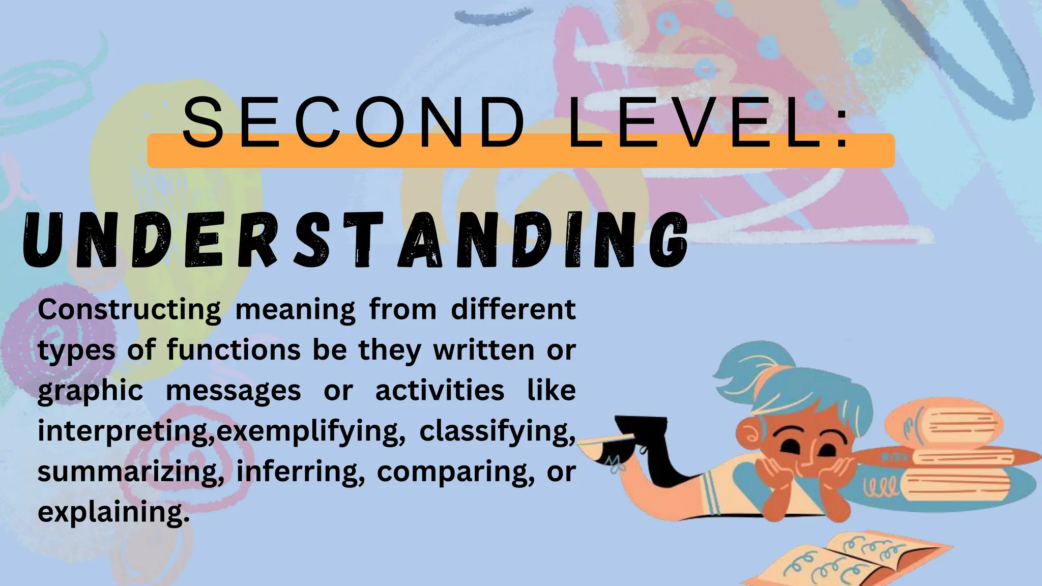 SECOND LEVEL:
UNDERSTANDING
Constructing meaning from different
types of functions be they written or
graphic messages or activities like
interpreting,exemplifying, classifying,
summarizing, inferring, comparing, or
explaining.
 