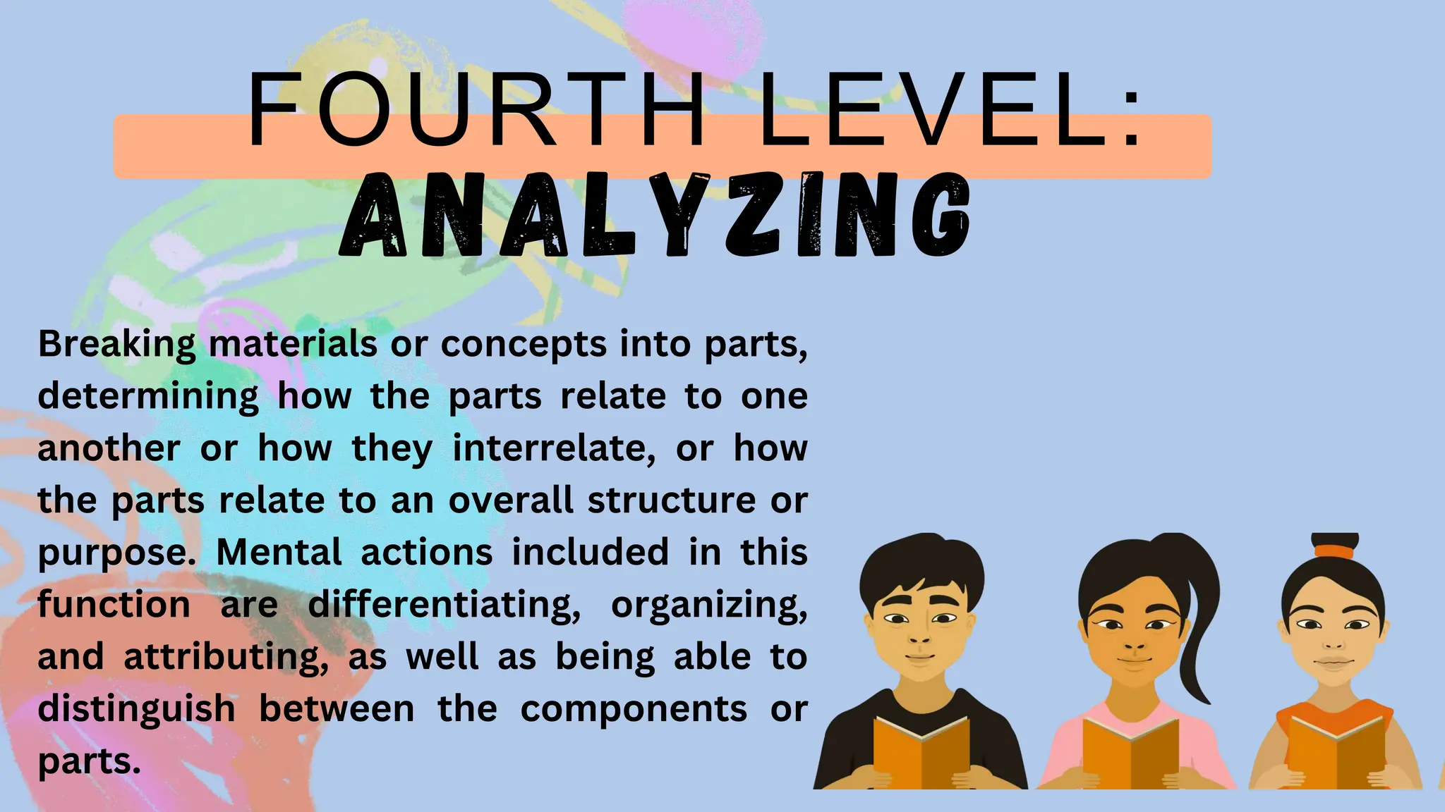 FOURTH LEVEL:
ANALYZING
Breaking materials or concepts into parts,
determining how the parts relate to one
another or how they interrelate, or how
the parts relate to an overall structure or
purpose. Mental actions included in this
function are differentiating, organizing,
and attributing, as well as being able to
distinguish between the components or
parts.
 