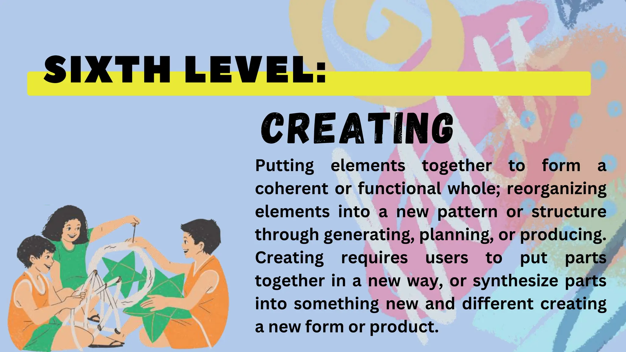 CREATING
Putting elements together to form a
coherent or functional whole; reorganizing
elements into a new pattern or structure
through generating, planning, or producing.
Creating requires users to put parts
together in a new way, or synthesize parts
into something new and different creating
a new form or product.
 