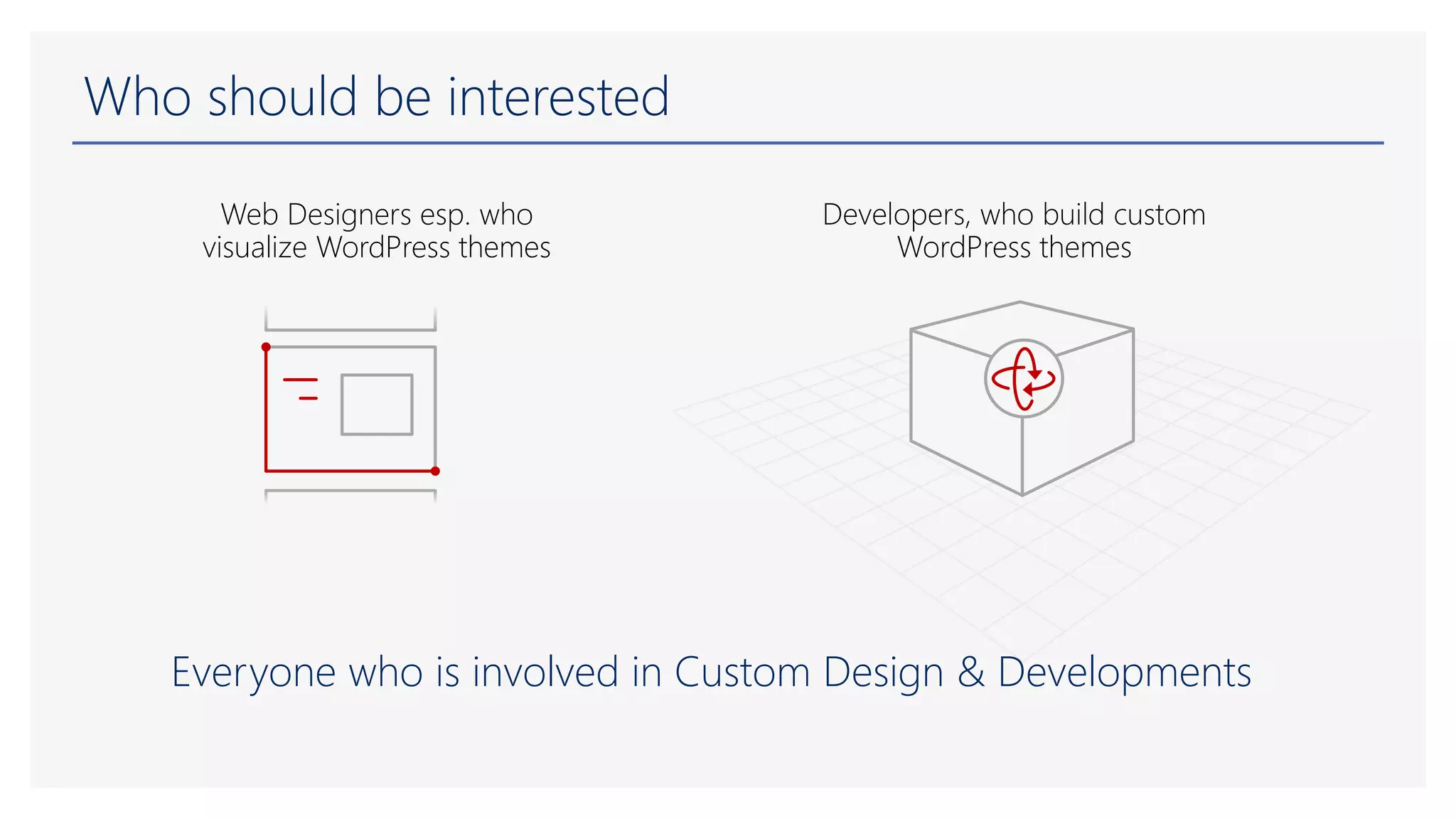 Developers, who build custom
WordPress themes
Web Designers esp. who
visualize WordPress themes
Who should be interested
Everyone who is involved in Custom Design & Developments
 