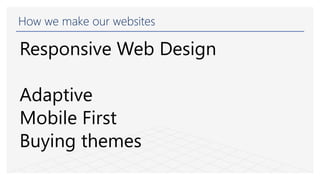 How we make our websites
Responsive Web Design
Adaptive
Mobile First
Buying themes
 