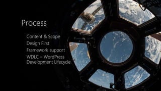 Process
Content & Scope
Design First
Framework support
WDLC – WordPress
Development Lifecycle
 