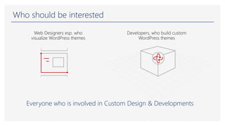 Developers, who build custom
WordPress themes
Web Designers esp. who
visualize WordPress themes
Who should be interested
Everyone who is involved in Custom Design & Developments
 
