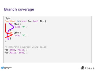 @asgrim
Branch coverage
<?php
function foo(bool $a, bool $b) {
if ($a) {
echo "A";
}
if ($b) {
echo "B";
}
}
// generate coverage using calls:
foo(true, false);
foo(false, true);
 