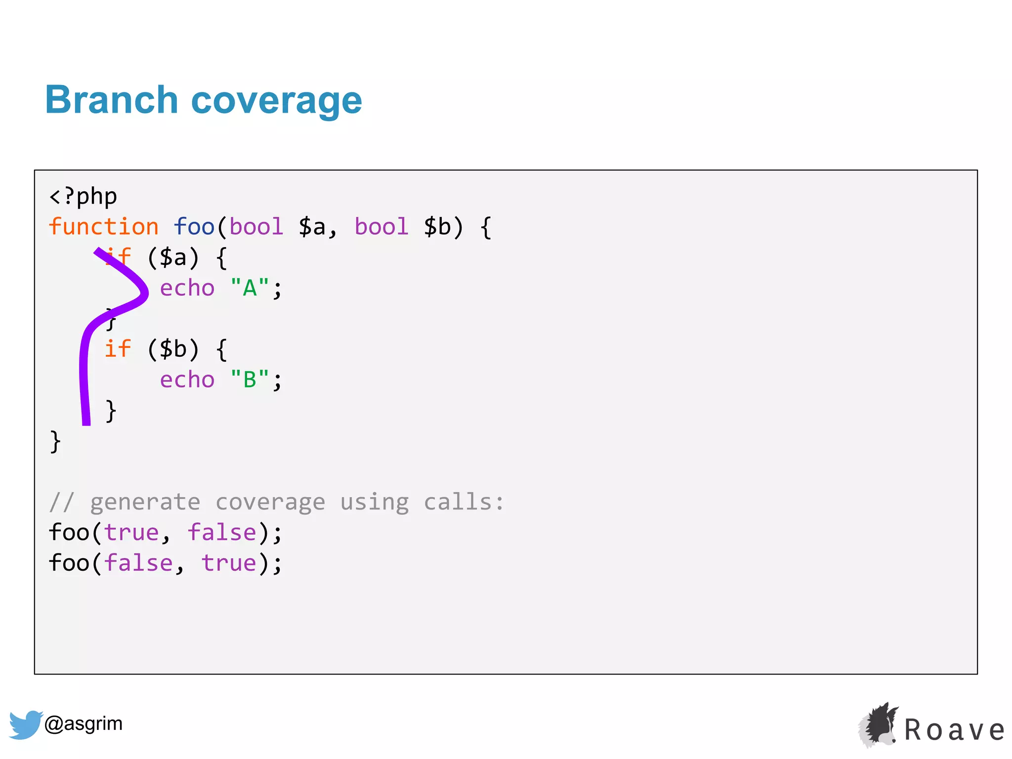 @asgrim
Branch coverage
<?php
function foo(bool $a, bool $b) {
if ($a) {
echo "A";
}
if ($b) {
echo "B";
}
}
// generate coverage using calls:
foo(true, false);
foo(false, true);
 