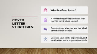 COVER
LETTER
STRATEGIES
What Is a Cover Letter?
A formal document submitted with
your CV to introduce yourself
Communicates why you are the ideal
candidate for the role
Connects your skills, experience, and
motivation to the organization’s needs
 