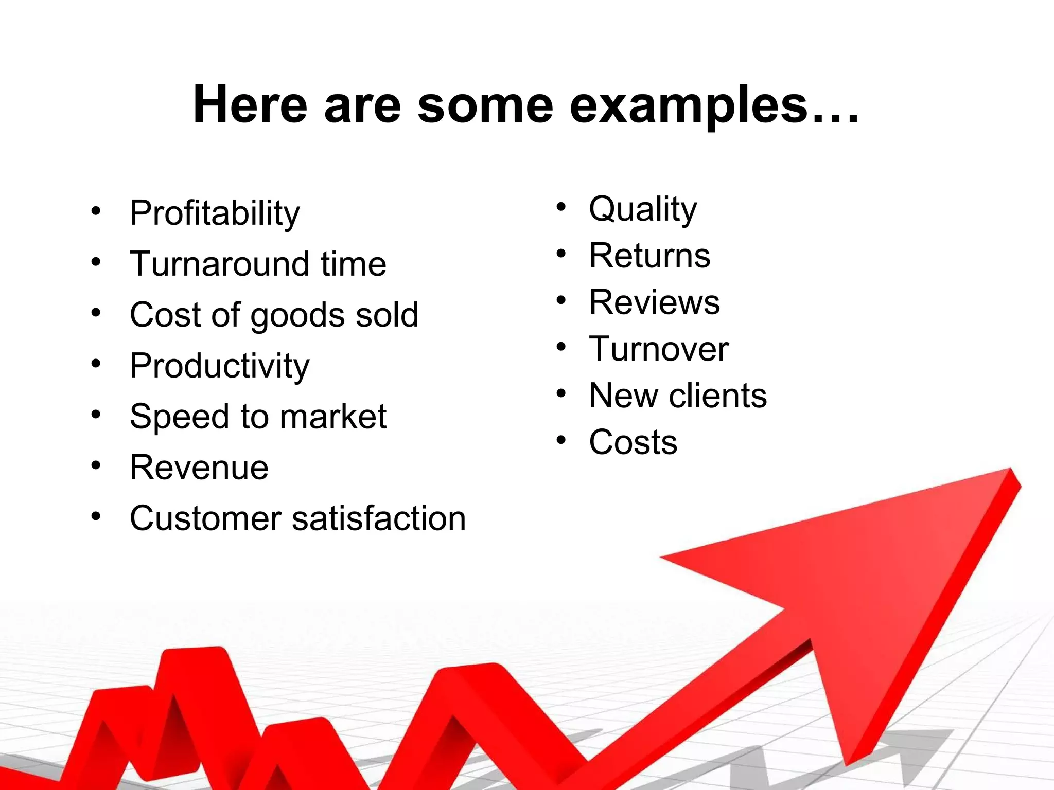 Here are some examples…
•   Profitability           •   Quality
•   Turnaround time         •   Returns
•   Cost of goods sold      •   Reviews
•                           •   Turnover
    Productivity
                            •   New clients
•   Speed to market
                            •   Costs
•   Revenue
•   Customer satisfaction
 