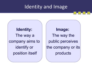 Identity and Image Identity:   The way a company aims to  identify or  position itself Image:  The way the public perceives the company or its products 