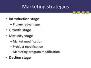 Marketing strategies Introduction stage Pioneer advantage Growth stage Maturity stage Market modification Product modification Marketing program modification Decline stage 