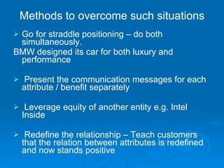 Methods to overcome such situations Go for straddle positioning – do both simultaneously.  BMW designed its car for both luxury and performance Present the communication messages for each attribute / benefit separately Leverage equity of another entity e.g. Intel Inside Redefine the relationship – Teach customers that the relation between attributes is redefined and now stands positive  