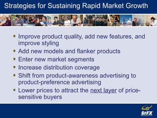 Strategies for Sustaining Rapid Market Growth
Improve product quality, add new features, and
improve styling
Add new models and flanker products
Enter new market segments
Increase distribution coverage
Shift from product-awareness advertising to
product-preference advertising
Lower prices to attract the next layer of price-
sensitive buyers
 