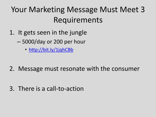 Your Marketing Message Must Meet 3
Requirements
1. It gets seen in the jungle
– 5000/day or 200 per hour
• http://bit.ly/1jqhCBb

2. Message must resonate with the consumer
3. There is a call-to-action

 
