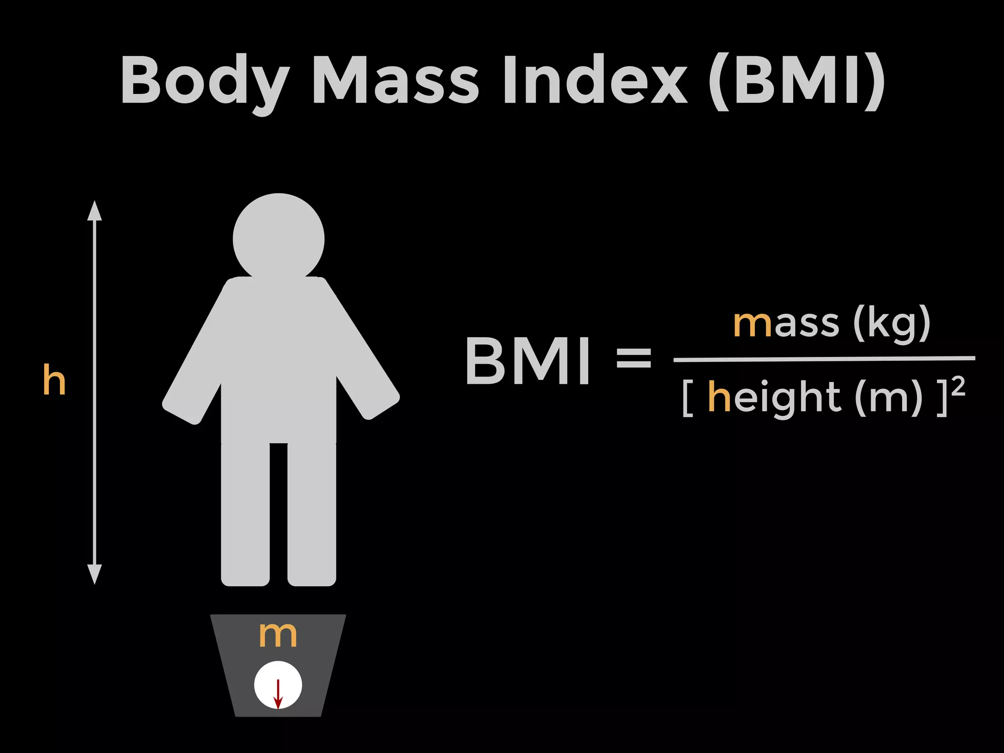Body Mass Index (BMI)
BMI =
mass (kg)
[ height (m) ]2h
m
 