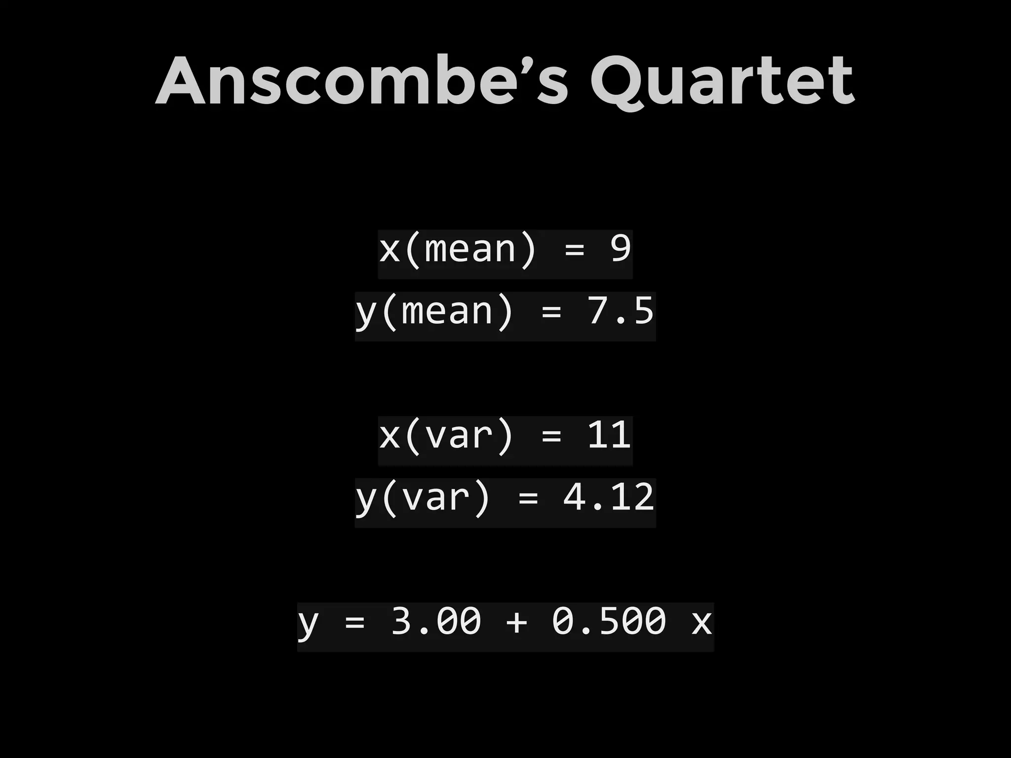 Anscombe’s Quartet
x(mean) = 9
y(mean) = 7.5
x(var) = 11
y(var) = 4.12
y = 3.00 + 0.500 x
 