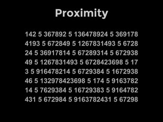 Proximity
142 5 367892 5 136478924 5 369178
4193 5 672849 5 1267831493 5 6728
24 5 36917814 5 67289314 5 672938
49 5 1267831493 5 6728423698 5 17
3 5 916478214 5 6729384 5 1672938
46 5 132978423698 5 174 5 9163782
14 5 7629384 5 16729383 5 9164782
431 5 672984 5 9163782431 5 67298
 