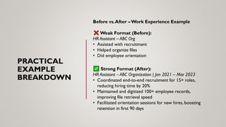 PRACTICAL
EXAMPLE
BREAKDOWN
Before vs.After –Work Experience Example
Weak Format (Before):
HR Assistant – ABC Org
• Assisted with recruitment
• Helped organize files
• Did employee orientation
Strong Format (After):
HR Assistant – ABC Organization | Jan 2021 – Mar 2023
• Coordinated end-to-end recruitment for 15+ roles,
reducing hiring time by 20%
• Maintained and digitized 100+ employee records,
improving file retrieval speed
• Facilitated orientation sessions for new hires, boosting
retention in first 90 days
 