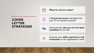 COVER
LETTER
STRATEGIES
What Is a Cover Letter?
A formal document submitted with
your CV to introduce yourself
Communicates why you are the ideal
candidate for the role
Connects your skills, experience, and
motivation to the organization’s needs
 