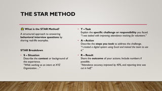 THE STAR METHOD
What is the STAR Method?
A structured approach to answering
behavioral interview questions by
sharing real-life examples.
STAR Breakdown
• S – Situation
Describe the context or background of
the experience.
“While working as an intern at XYZ
Organization…”
• T –Task
Explain the specific challenge or responsibility you faced.
“I was tasked with improving attendance tracking for volunteers.”
• A – Action
Describe the steps you took to address the challenge.
“I created a digital system using Excel and trained the team to use
it.”
• R – Result
Share the outcome of your actions. Include numbers if
possible.
“Attendance accuracy improved by 40%, and reporting time was
cut in half.”
 