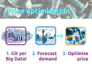 Price optimization 
1. Git yer 
Big Data! 
2. Forecast 
demand 
3. Optimize 
price 
 