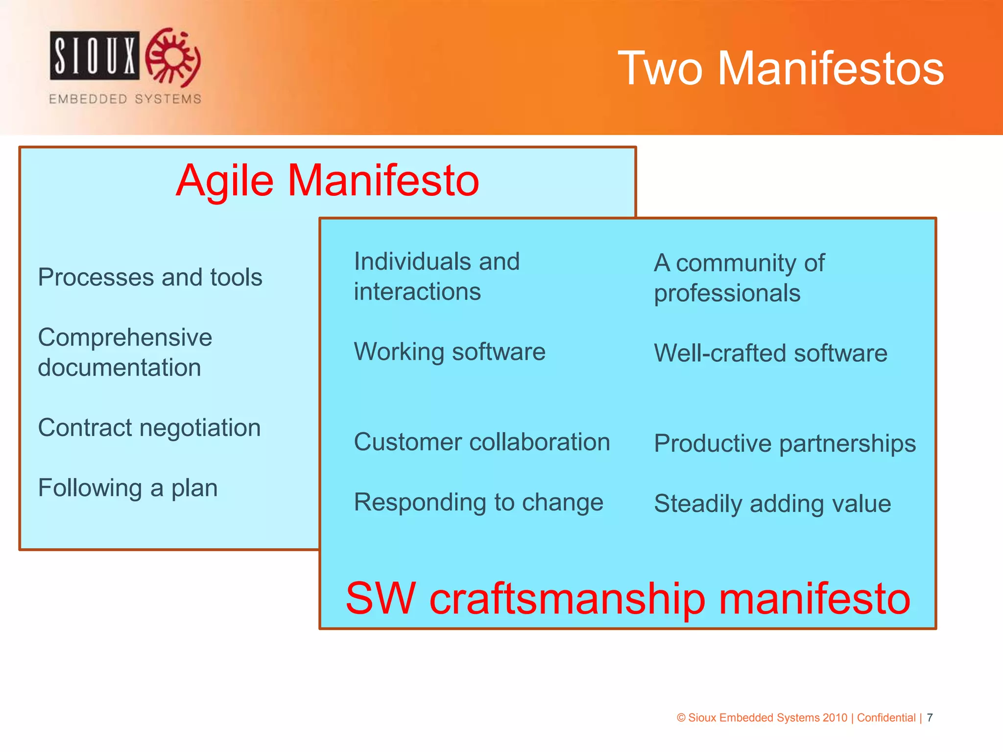Agile ManifestoSW craftsmanship manifestoTwo Manifestos© Sioux Embedded Systems 2010 | Confidential | 7Individuals and interactionsWorking softwareCustomer collaborationResponding to changeProcesses and toolsComprehensive documentationContract negotiationFollowing a planA community of professionalsWell-crafted softwareProductive partnershipsSteadily adding value