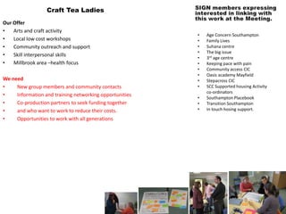 Craft Tea Ladies
Our Offer
•   Arts and craft activity
                                                         •   Age Concern Southampton
•   Local low cost workshops                             •   Family Lives
•   Community outreach and support                       •   Suhana centre
                                                         •   The big issue
•   Skill interpersonal skills
                                                         •   3rd age centre
•   Millbrook area –health focus                         •   Keeping pace with pain
                                                         •   Community access CIC
                                                         •   Oasis academy Mayfield
We need                                                  •   Stepacross CIC
•    New group members and community contacts            •   SCC Supported housing Activity
                                                             co-ordinators
•    Information and training networking opportunities
                                                         •   Southampton Placebook
•    Co-production partners to seek funding together     •   Transition Southampton
•    and who want to work to reduce their costs.         •   In touch hosing support.

•    Opportunities to work with all generations
 