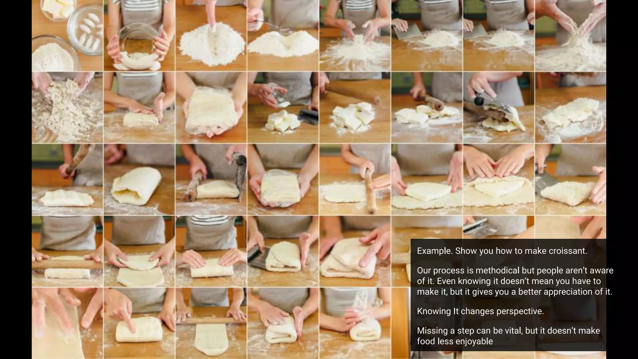 Example. Show you how to make croissant.
Our process is methodical but people aren’t aware
of it. Even knowing it doesn’t mean you have to
make it, but it gives you a better appreciation of it.
Knowing It changes perspective.
Missing a step can be vital, but it doesn’t make
food less enjoyable
 